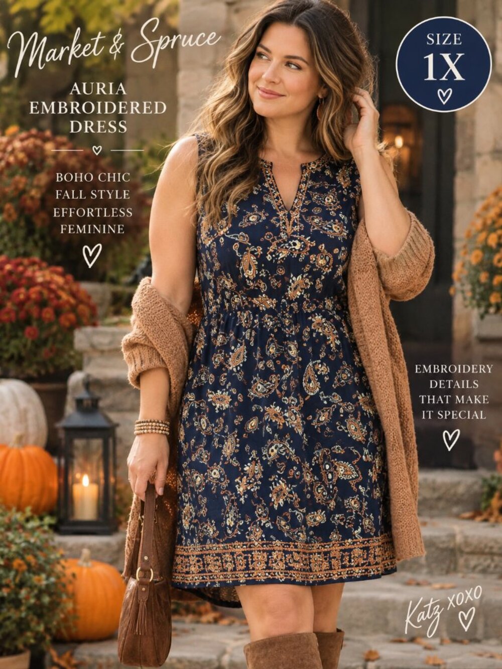 Market & Spruce Auria Embroidered Dress 1X Navy Paisley Boho Fall Stitch Fix